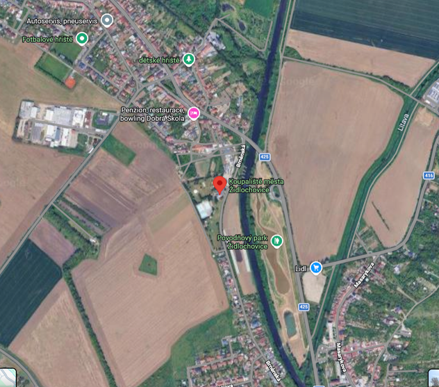 Mapa okolí koupaliště města Židlochovice ve Vojkovicích